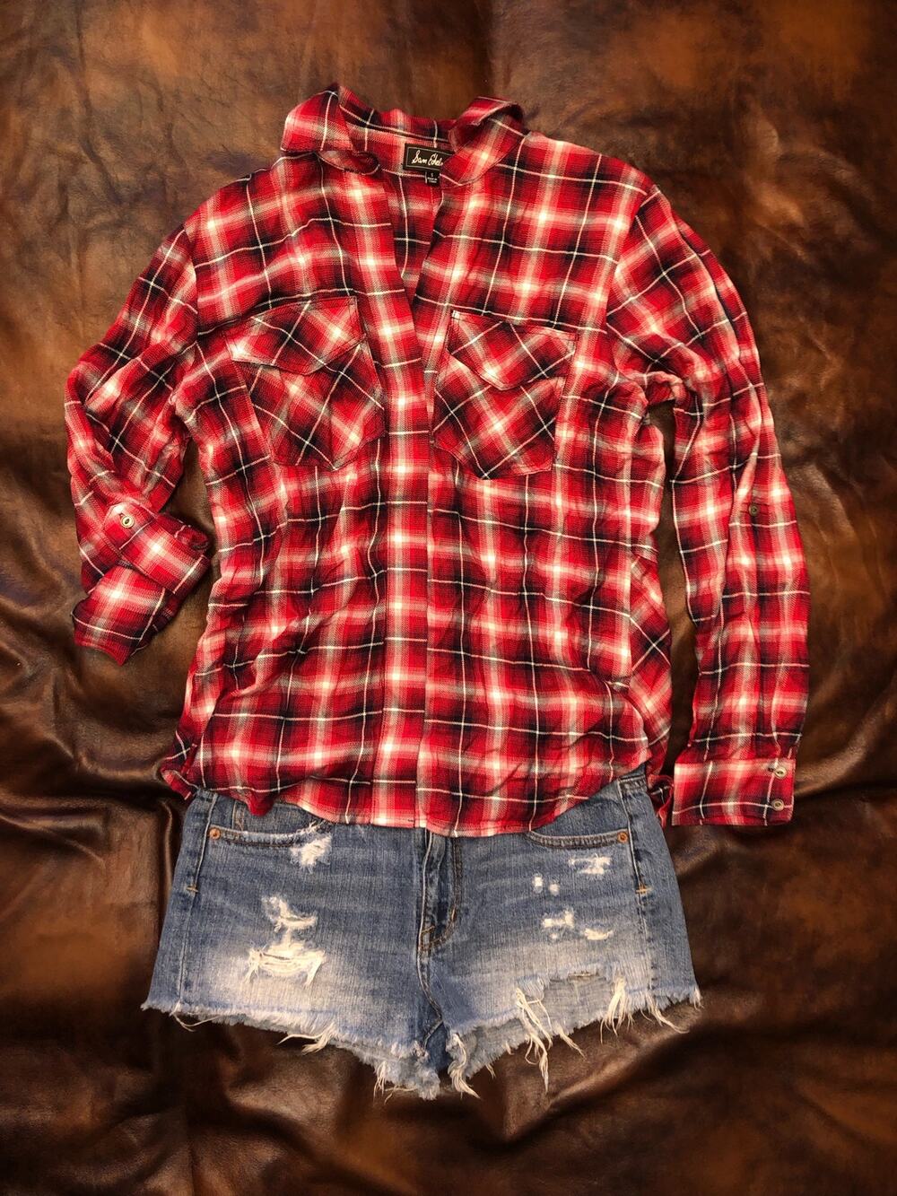 Sam Edelman Riley Shirt Cold Shoulder Split Back Hem Small Plaid Boyfriend Zip